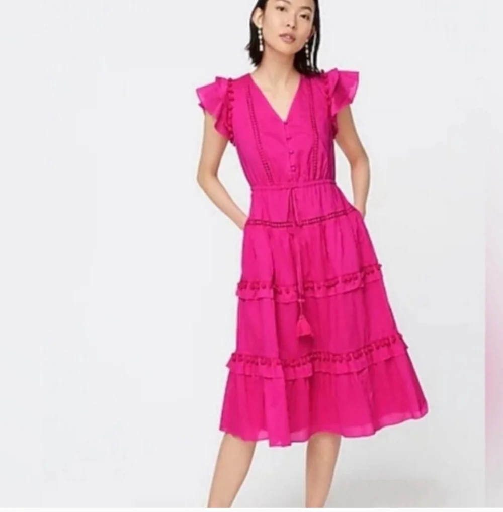 J.Crew Pom-Pom Dress in Cotton Voile in Hot Pink Size 2 Tall